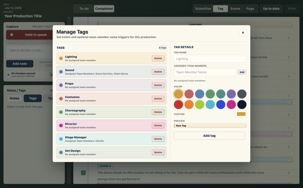 ShowNotePad Manage Tags window with department colors and assigned team members.